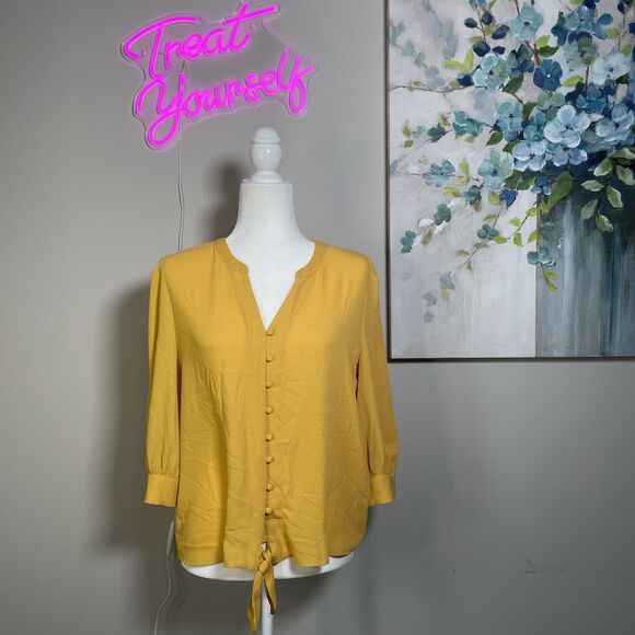 Soho New York Company Jeans Yellow Blouse Button Tie Front Size S Small 3/4 - Picture 1 of 8